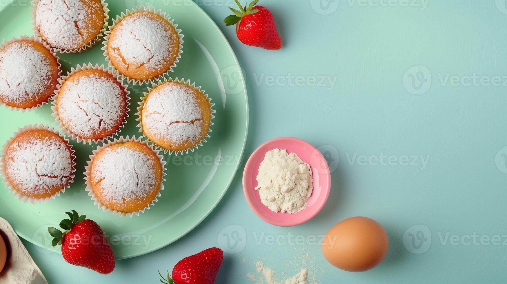 Gluten free muffin strawberry fruit and flour healthy snack flat lay view on pastel background photo