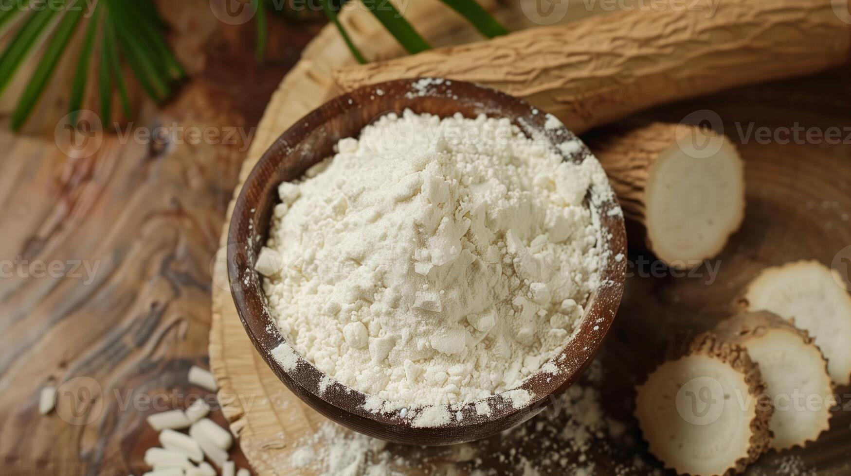 Cassava root flour gluten free on wooden bowl for healthy bread photo