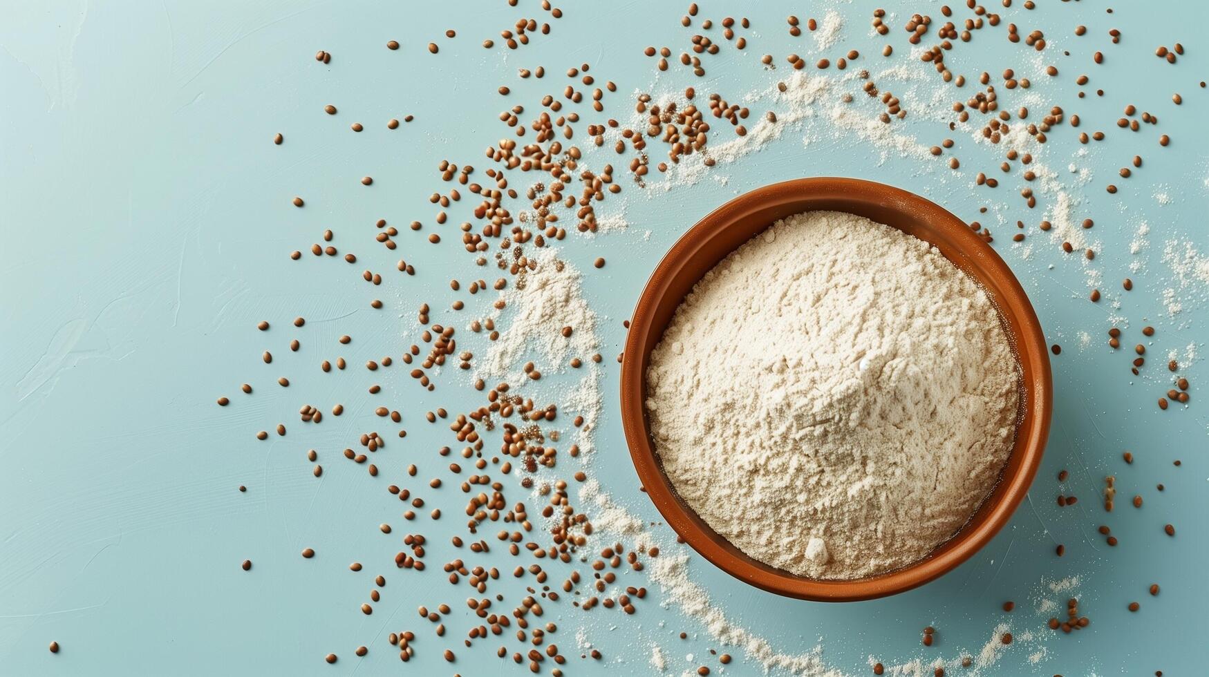 Teff flour gluten free for baking make a bread on wooden bowl blue background photo