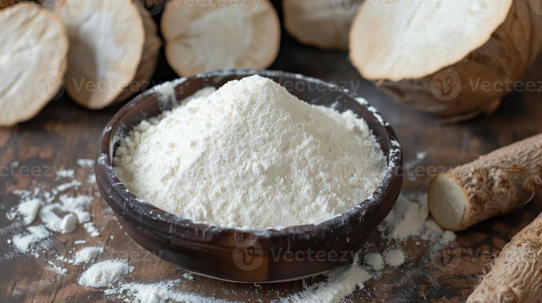 Cassava root flour gluten free on wooden bowl for healthy bread photo