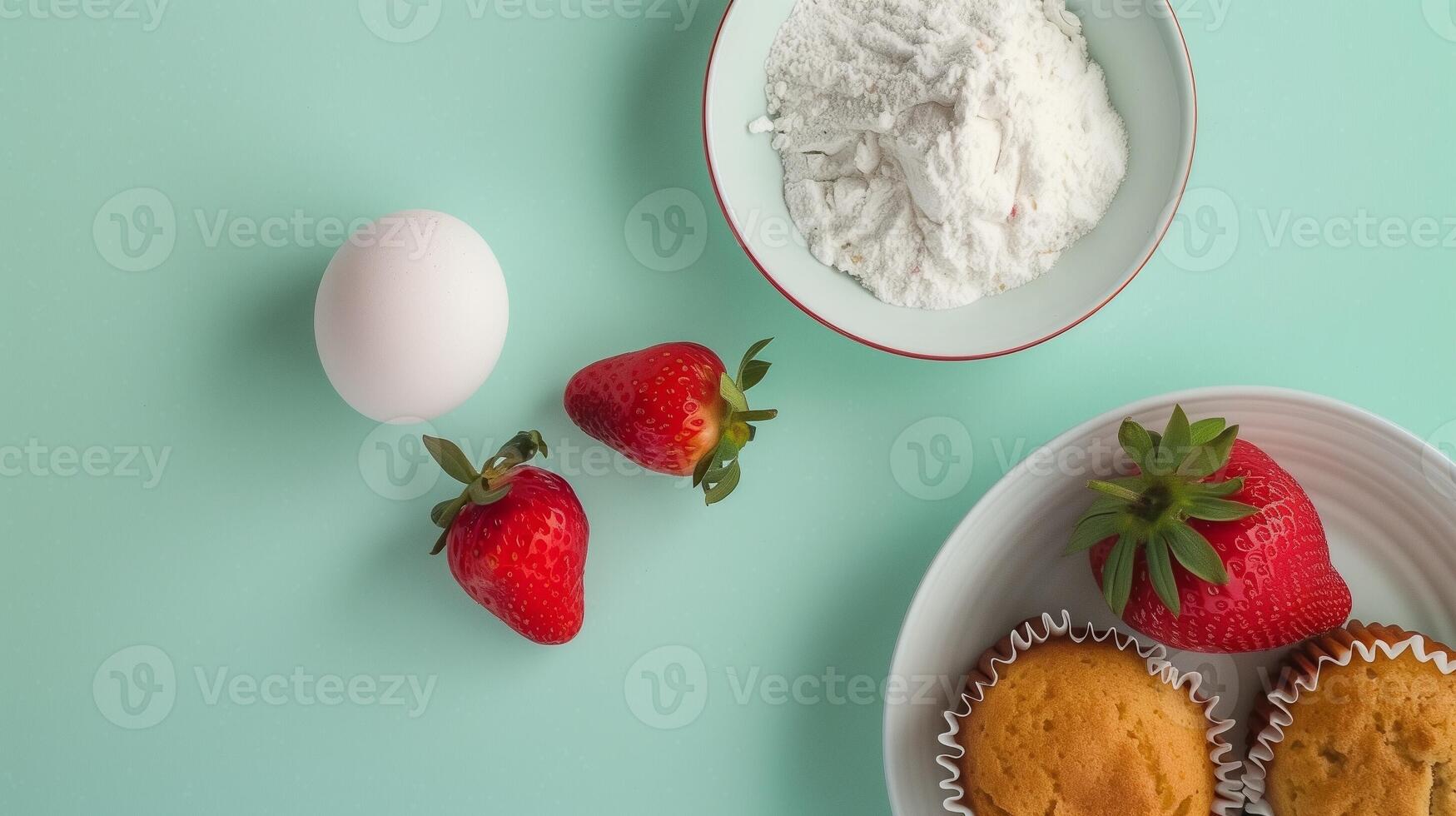 Gluten free muffin strawberry fruit and flour healthy snack flat lay view on pastel background photo