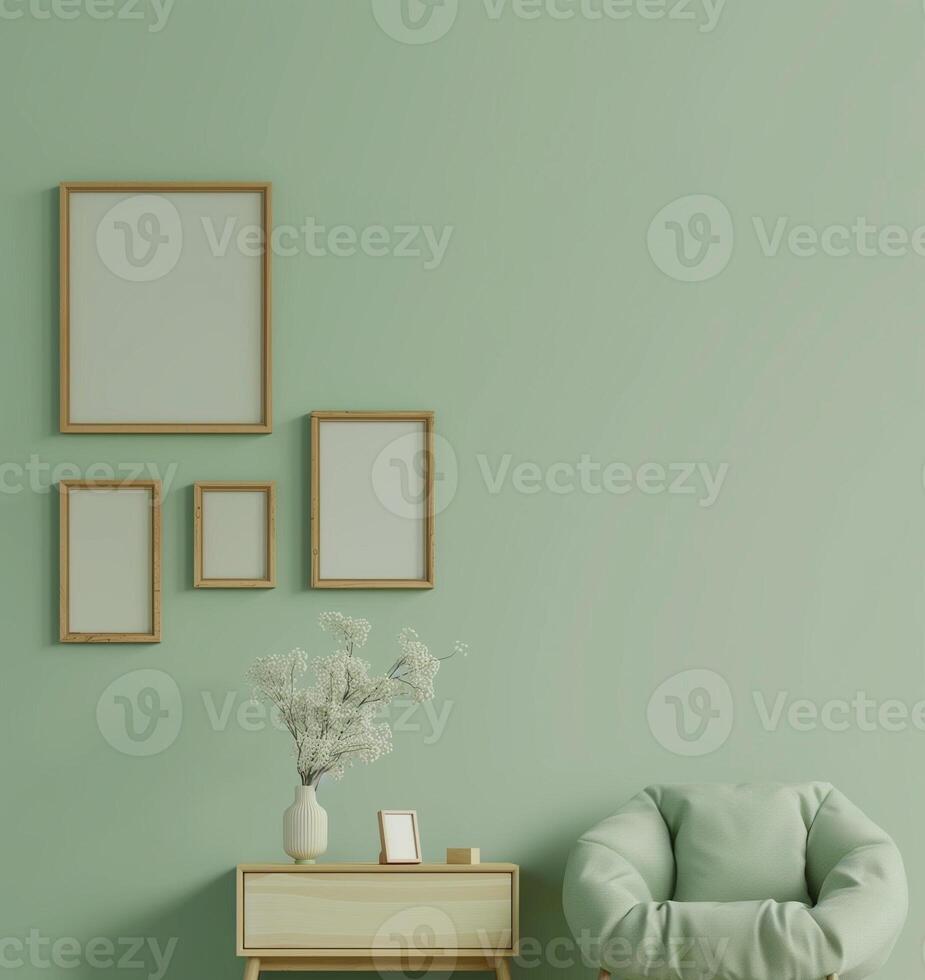 Green sage color sofa with blank frame mockup on green wall photo