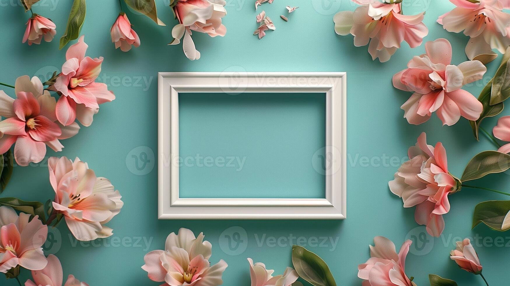 White frame in center and pink flower rounded decoration blue background photo