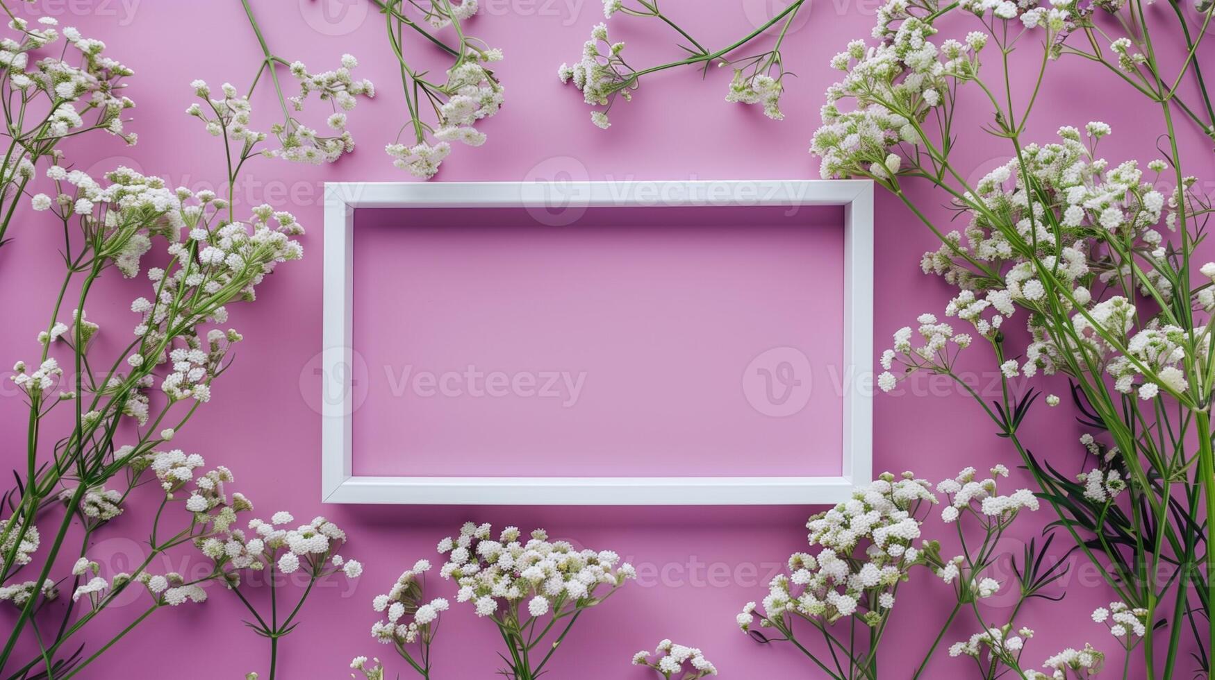 White frame square and baby breath flower rounded decoration peach background photo