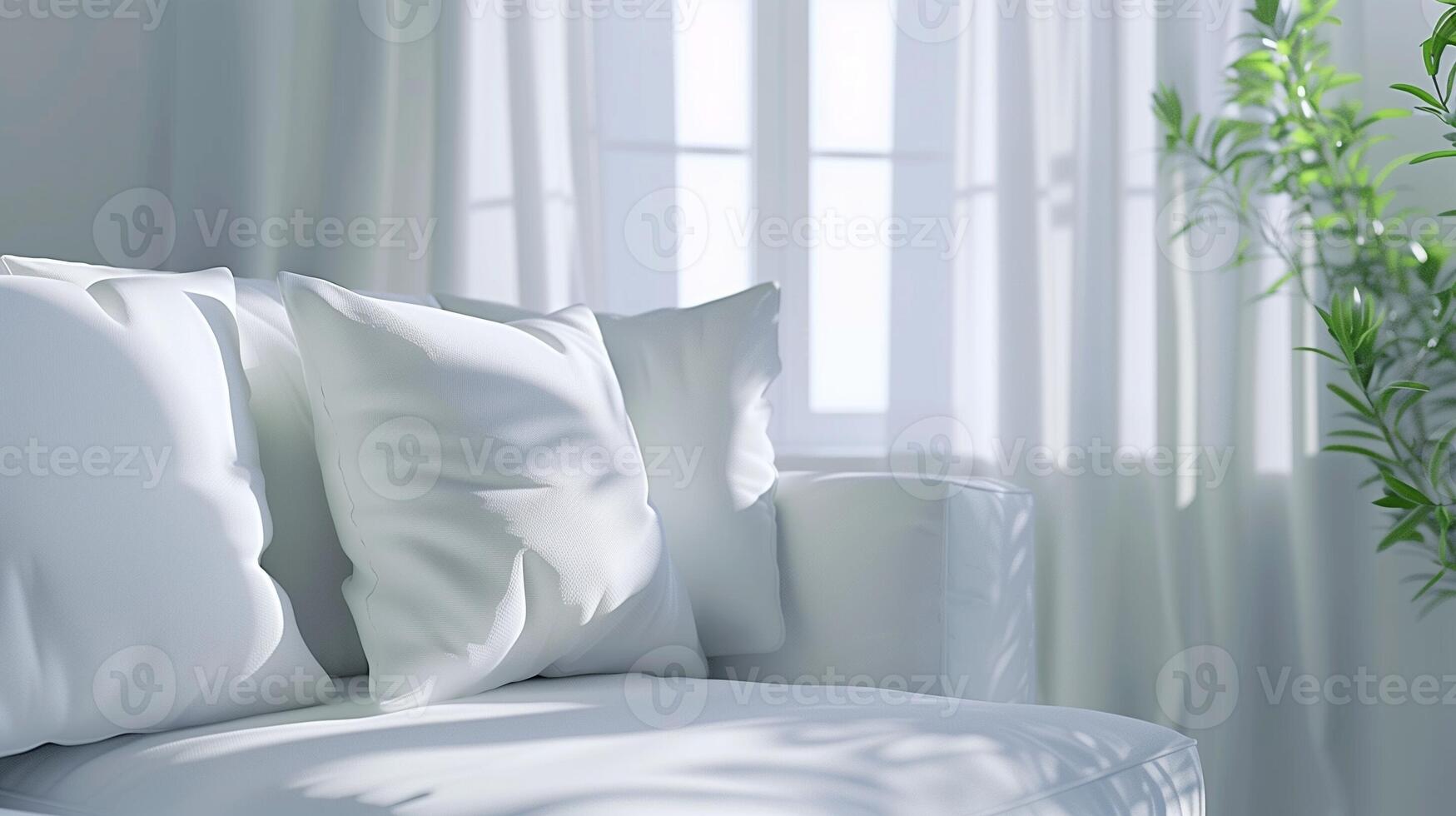 White sofa pillow in font white curtain and window glass shadow sunlight photo