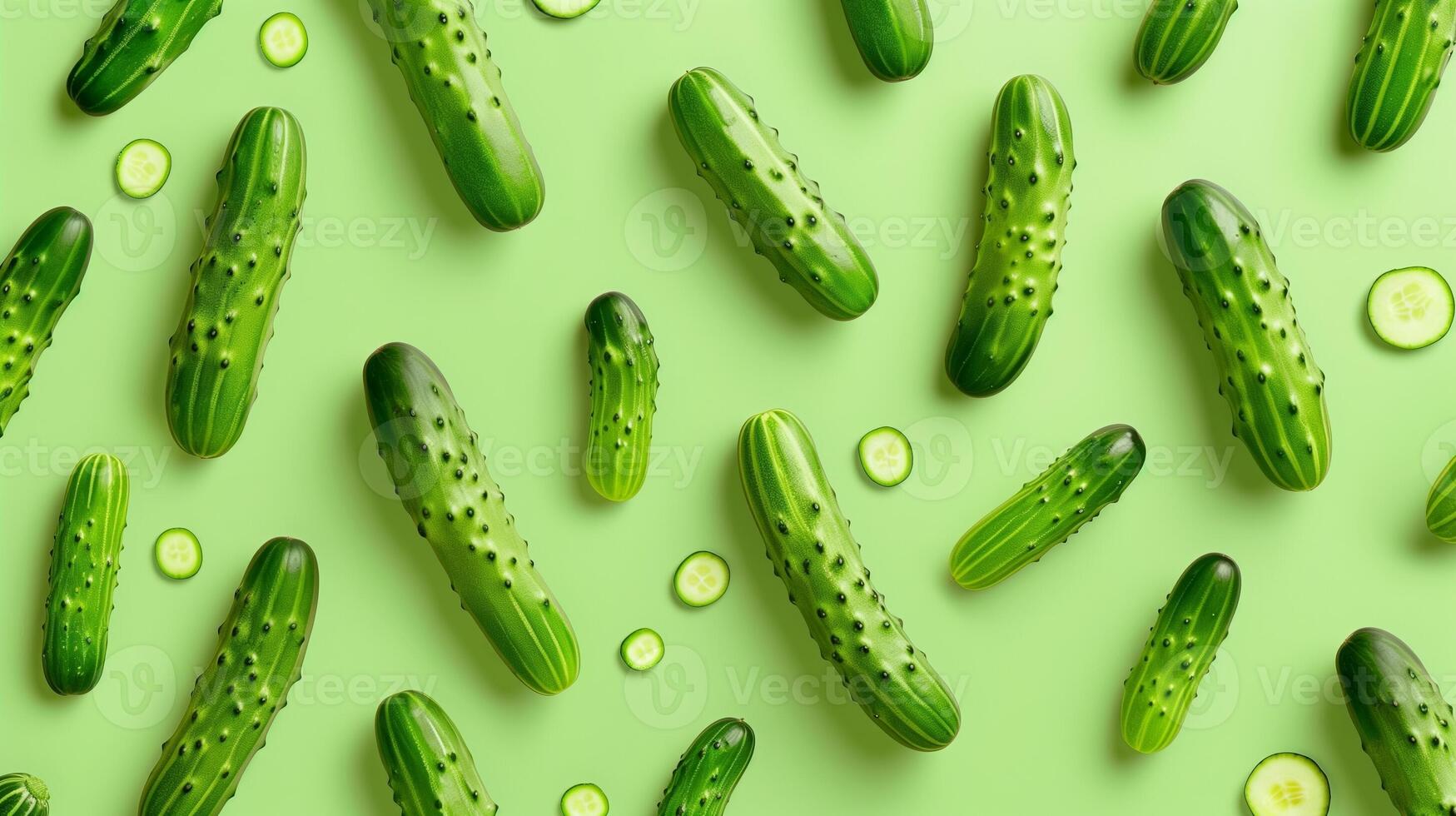 Cucumber vegetable organic farm real food seamless pattern on green background photo