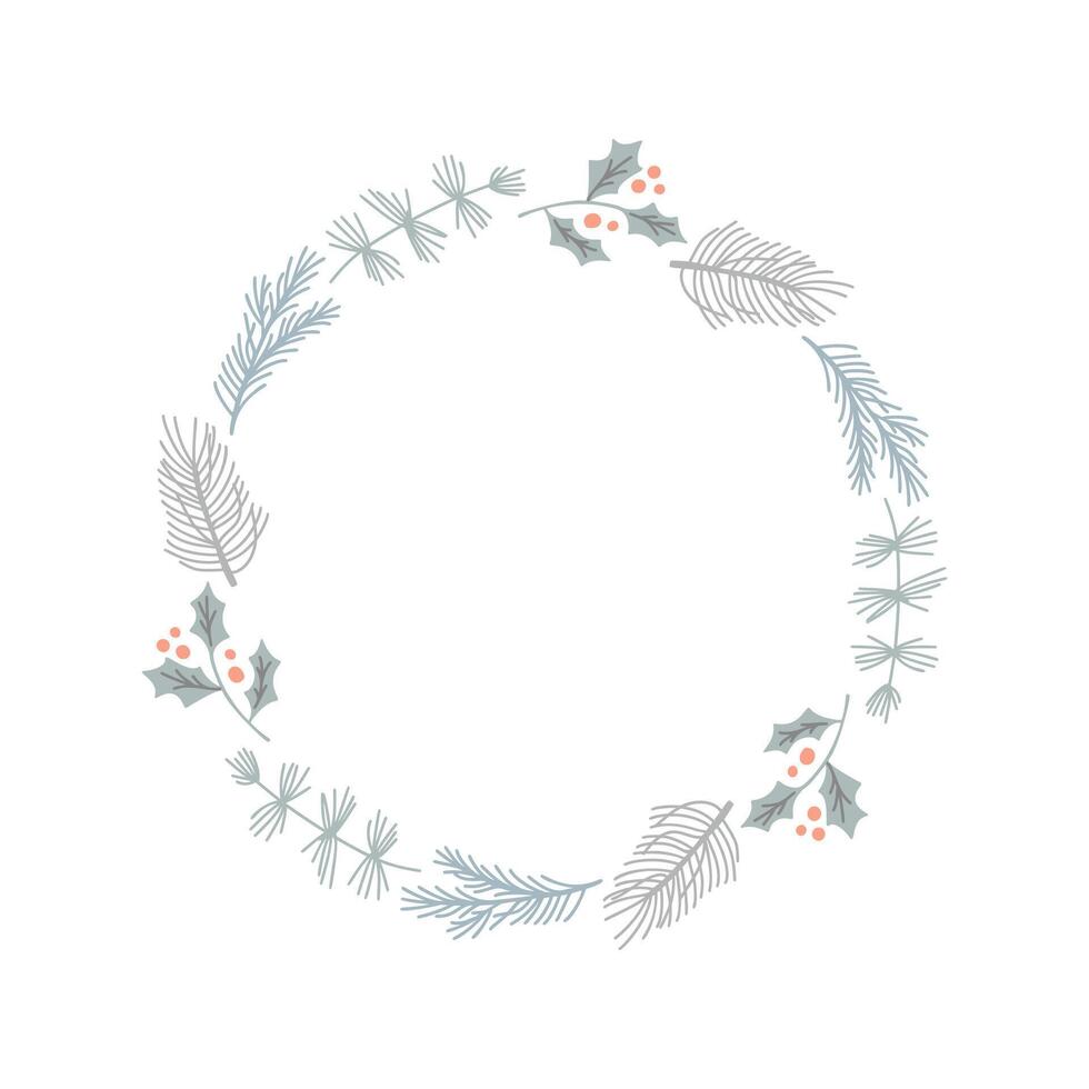 Round Winter Christmas Wreath with green twigs with leaves. Festive illustration for the design or decor of postcards, invitations. Rustic template for circle-shaped text vector