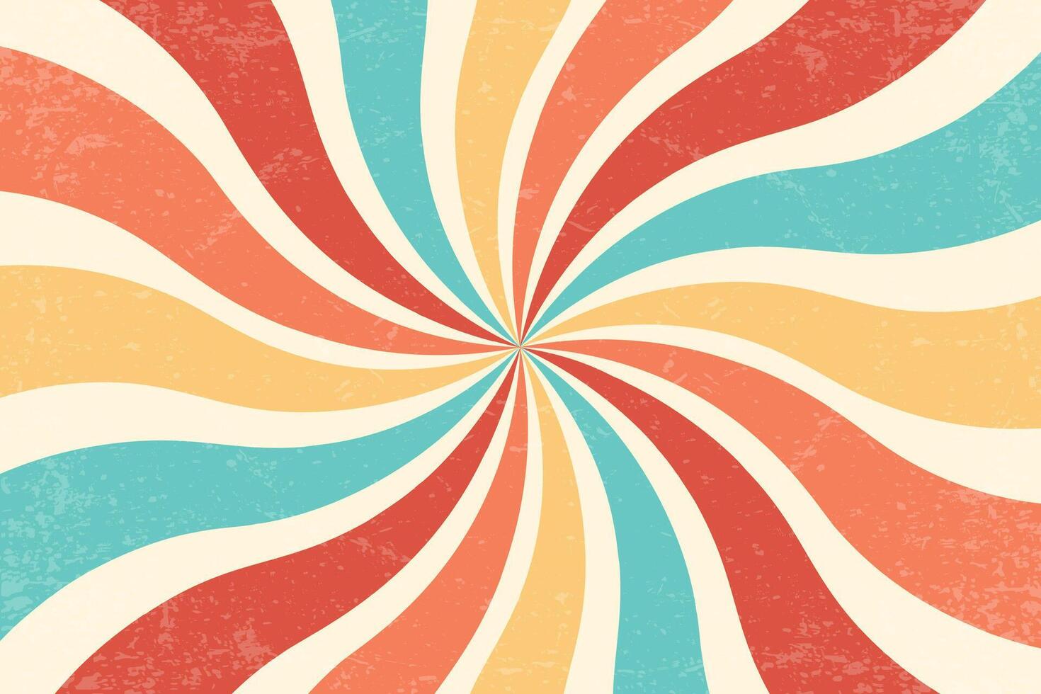Spiral retro pattern background. Swirl groovy sun rays. Psychedelic radial burst with grunge texture. 70s starburst hypnotic illustration. Vintage circular abstract colorful bg. vector