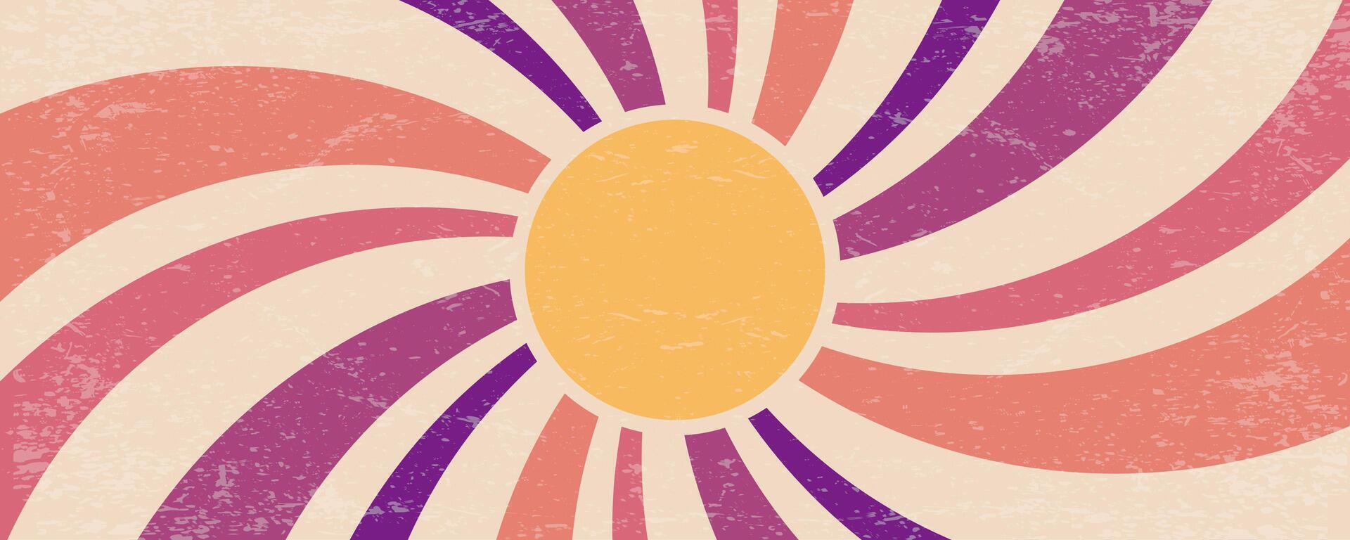 Retro summer sun background. Groovy sunshine wavy rays in vintage grunge design. 70s radial poster. Modern abstract groovy illustration. vector