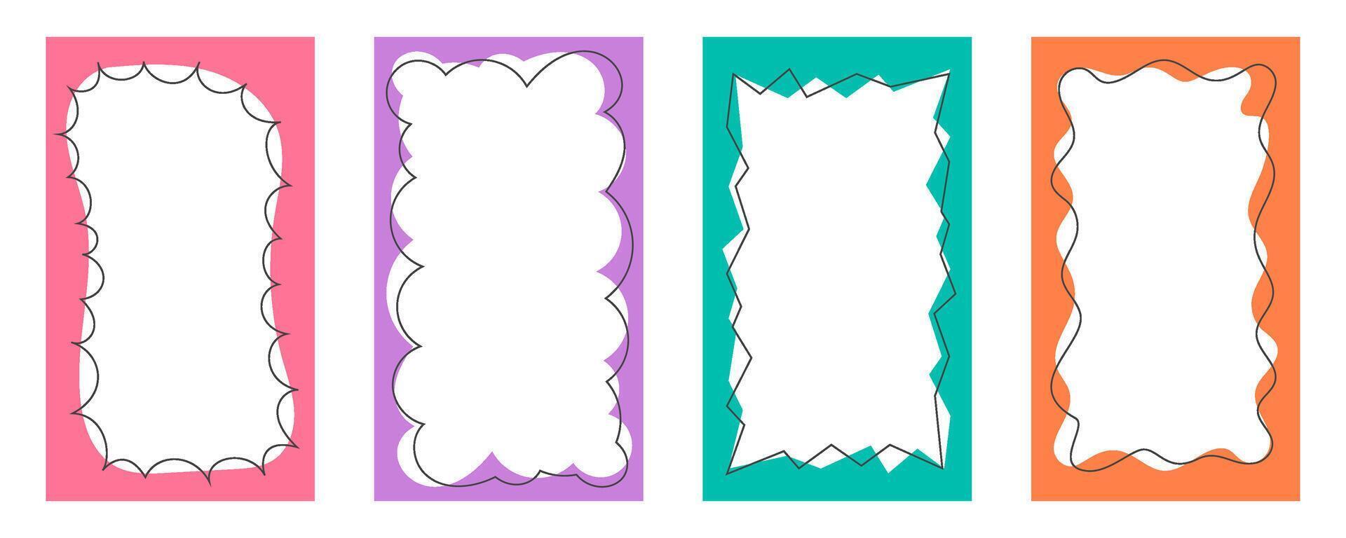 Wavy border frame. Scalloped rectangle fun shape. Hand drawn kids box for picture and photo. Cartoon doodle abstract color template with wiggle edge. Curvy Y2K decoration. vector
