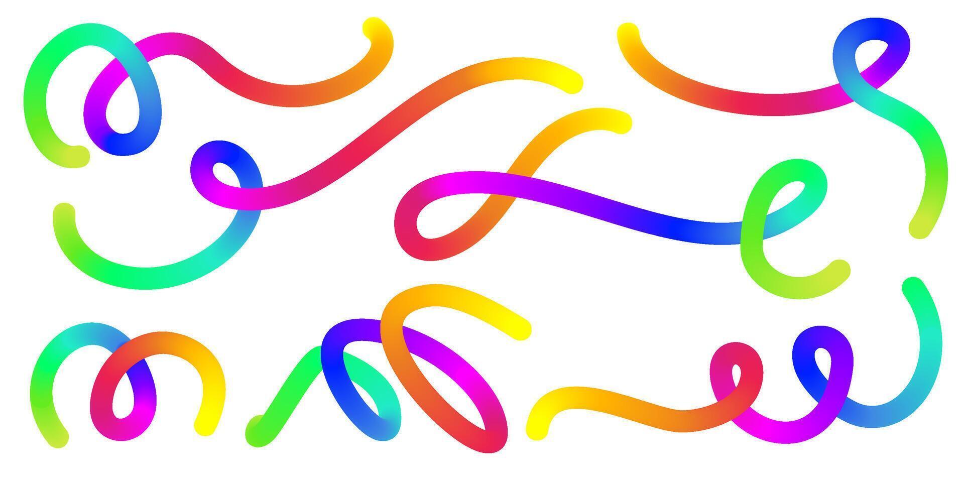 3D rainbow gradient lines. Fluid color elements on white background. Wavy blend swirl stripes. Dynamic twisted flowing strokes for posters and banners. vector