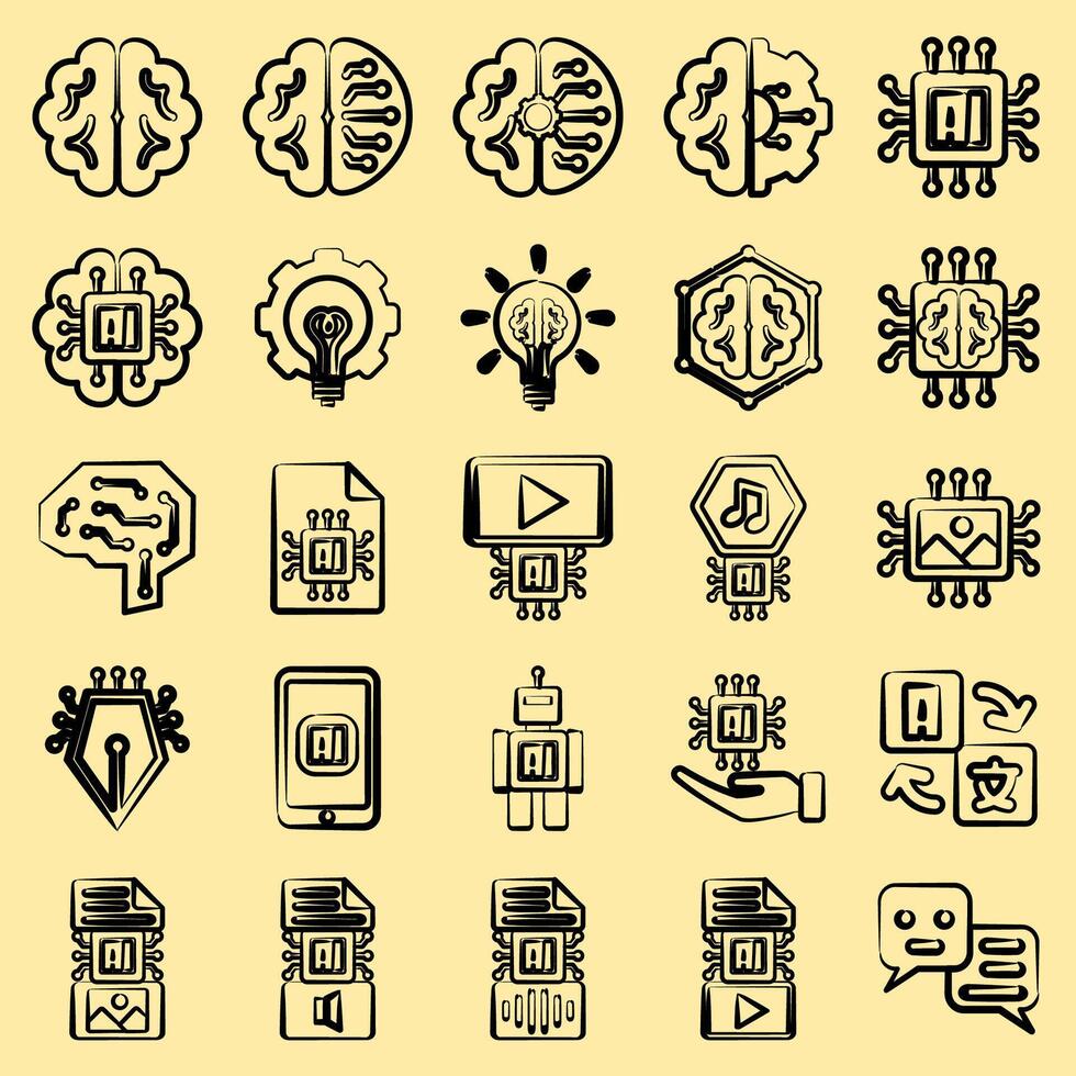 Icon set of artificial intelligence. Artificial intelligence elements. Icon in hand drawn style. vector