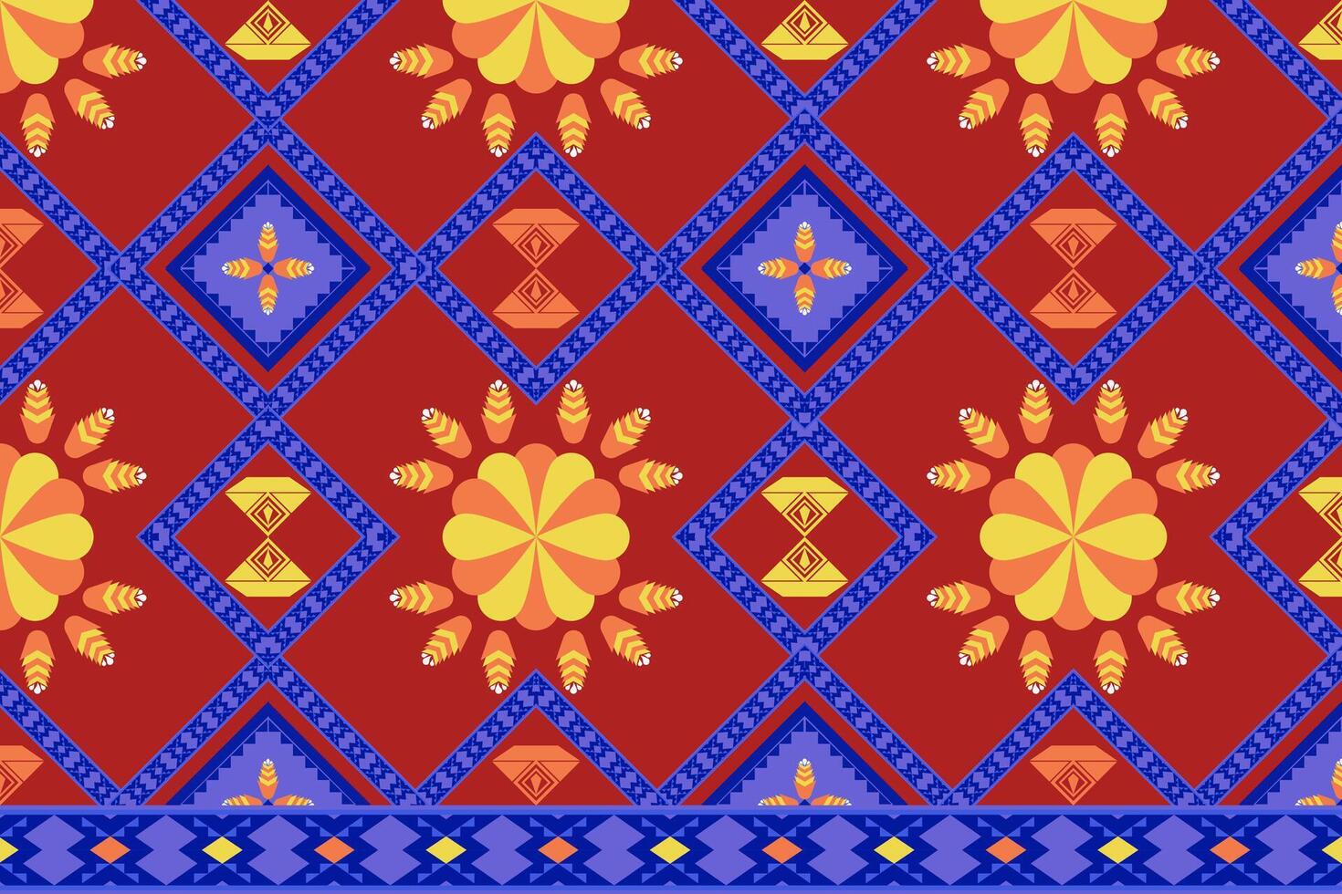 A colorful pattern with a red background and blue and yellow flowers vector