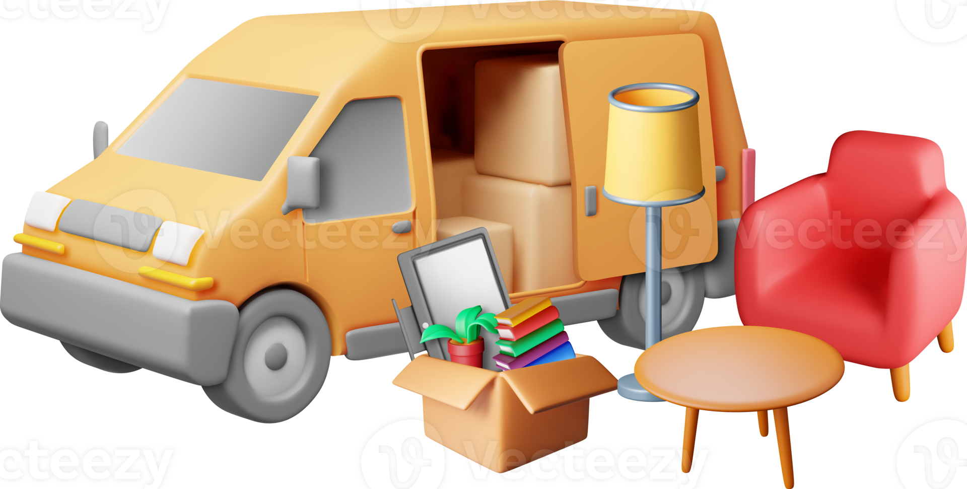 3D delivery van with open door and home stuff png