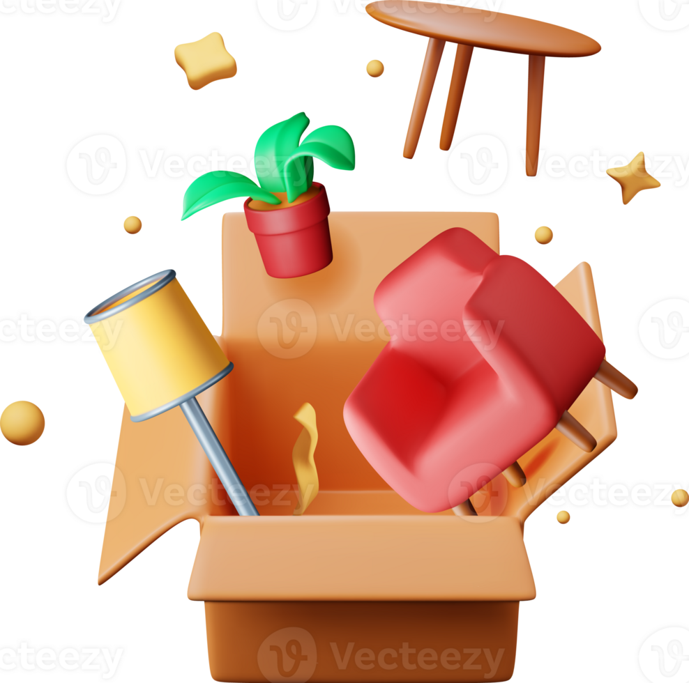 3D open cardboard box with home goods png