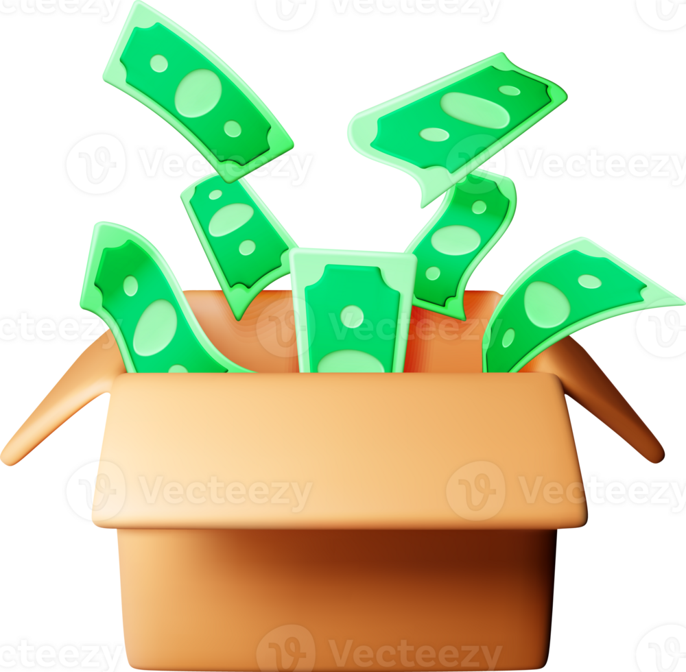 3D cardboard box with dollars inside png