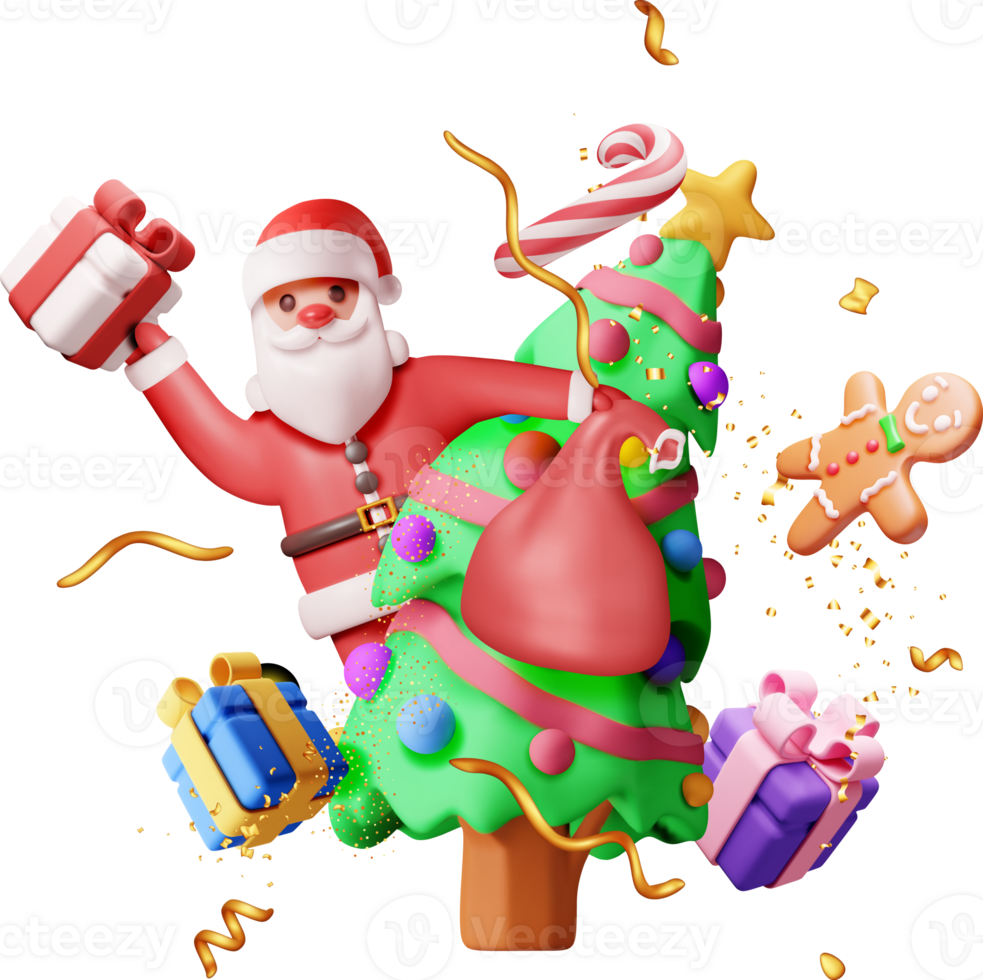 3D santa claus with gift bag and christmas tree png