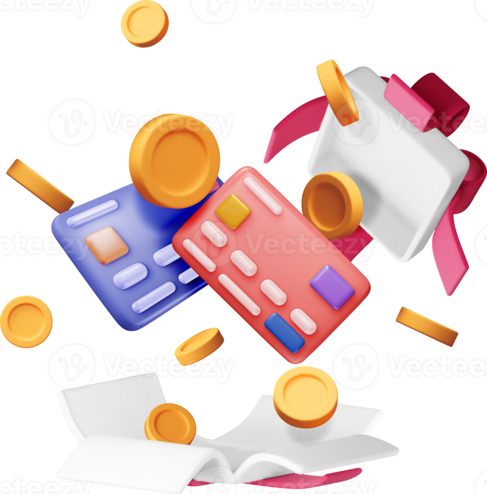 3D bank card and money in gift box. png