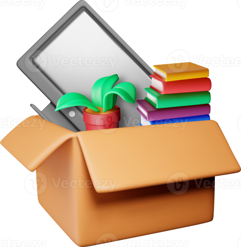 3D open cardboard box with home goods png