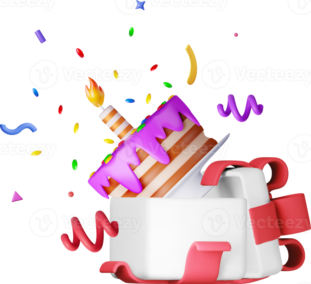 3D cake with candle with confetti in gift box png