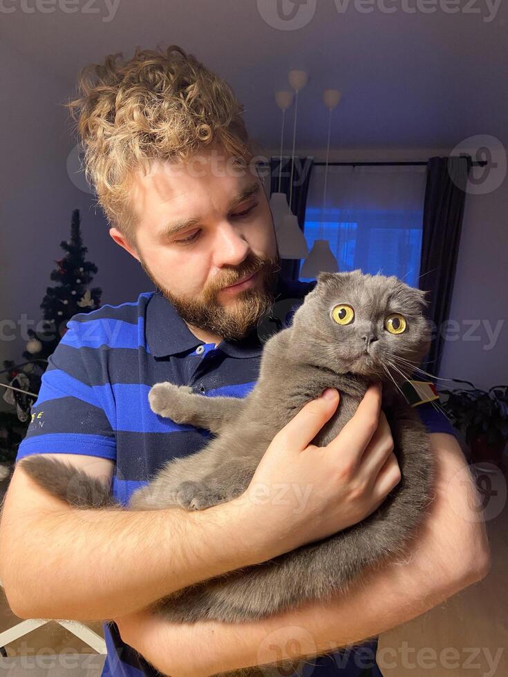 A millennial man is holding a Scottish Fold cat in his arms inside a warmly lit home decorated for Christmas holidays. Cat's striking yellow eyes making the moment intimate and endearing. photo