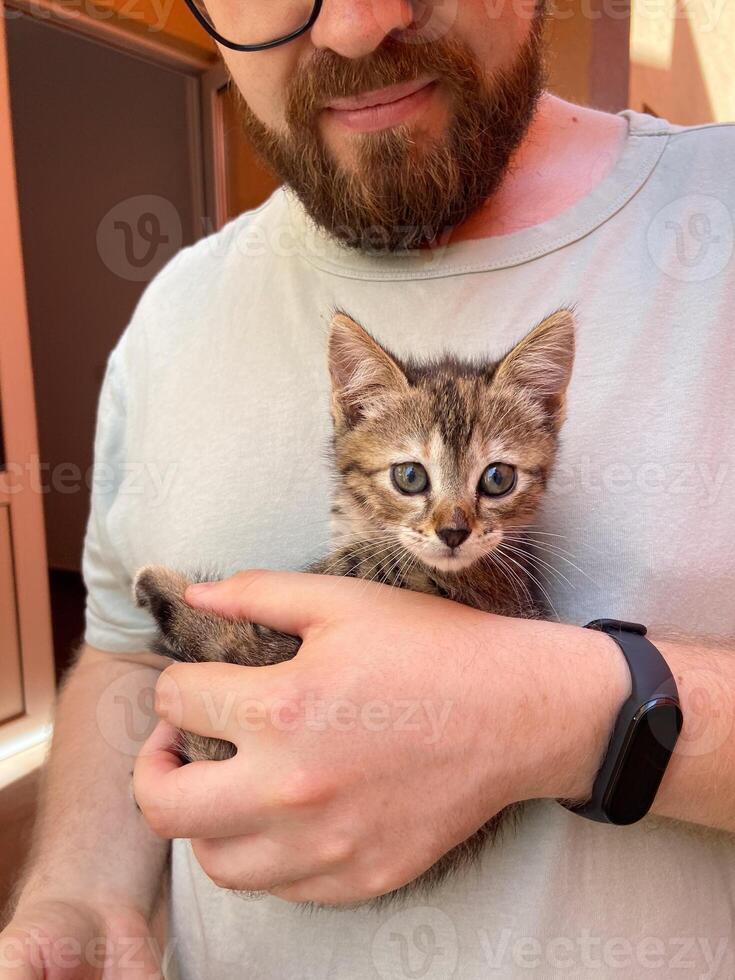 Millennial man in a straw hat and sunglasses holds lovingly at a small kitten in his hands. Tenderness moment captures the bond between human and pet. Themes of care and affection photo