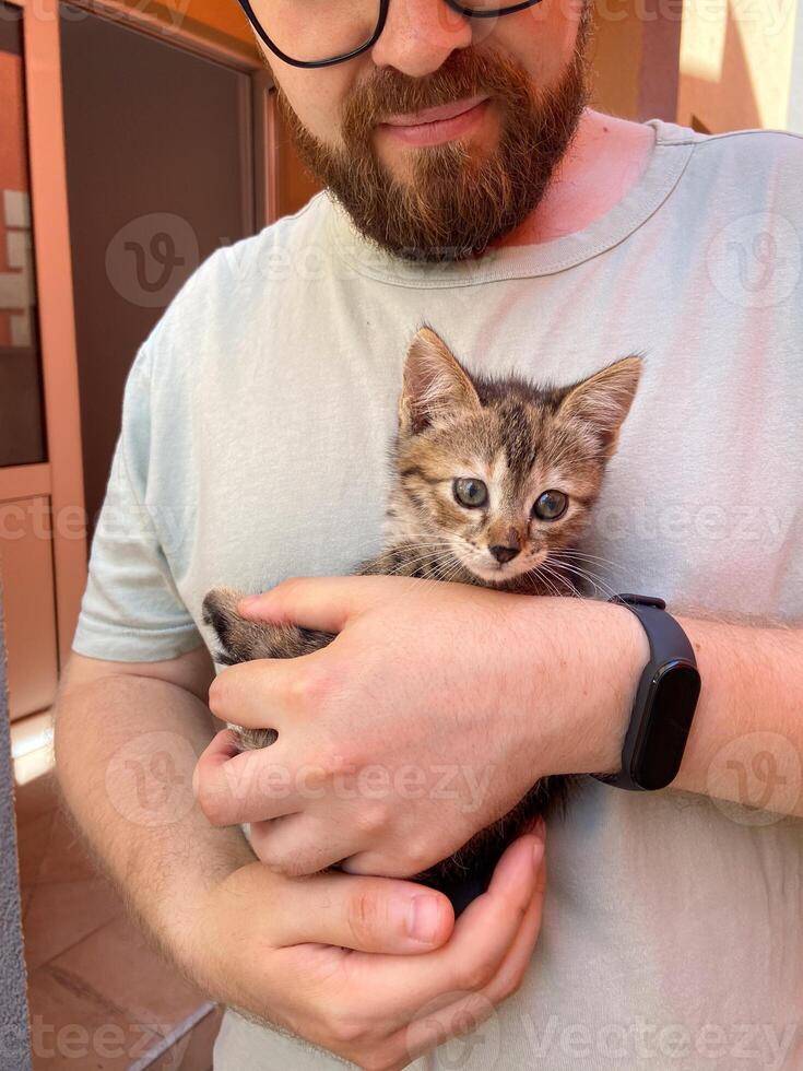 Millennial man in a straw hat and sunglasses holds lovingly at a small kitten in his hands. Tenderness moment captures the bond between human and pet. Themes of care and affection photo