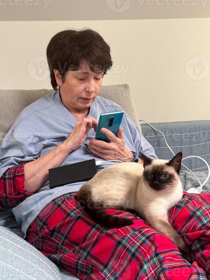 Elderly woman using smartphone and social networks with a siamese cat on their lap, relaxing on a couch in cozy indoor photo