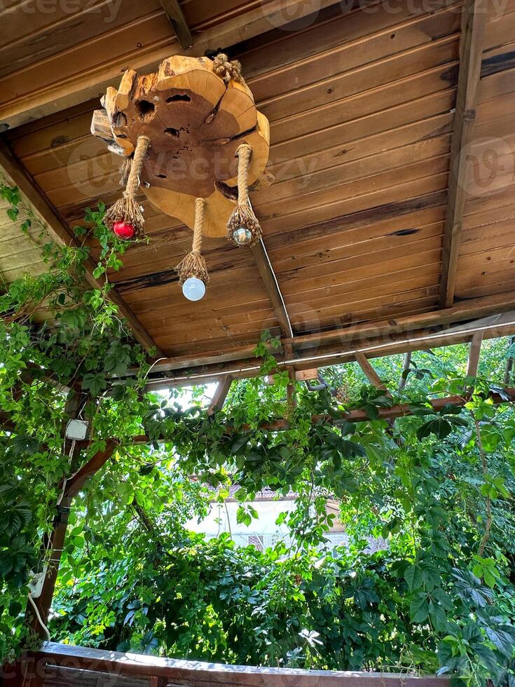 Rustic wooden terrace with vine-covered roof and handmade chandelier. Craftsmanship and handmade photo