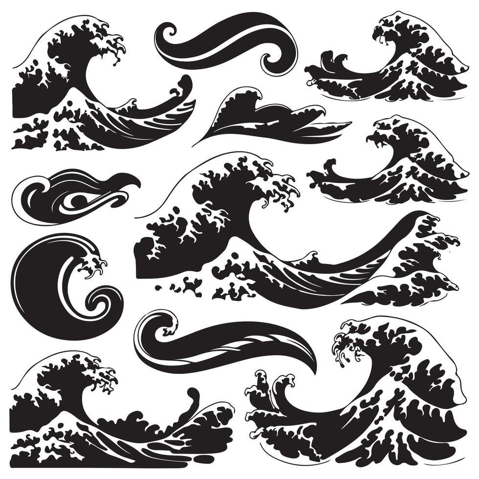 Set of black and white waves and waves illustration vector