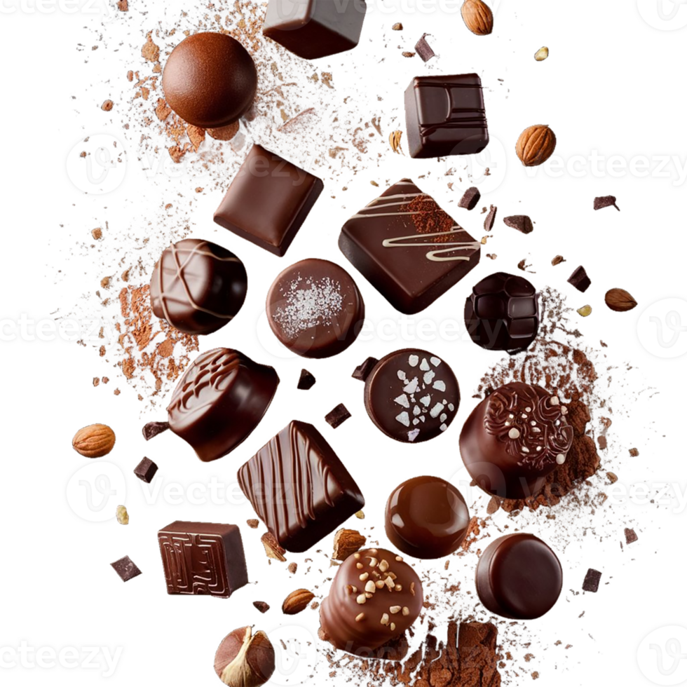 A close up of a variety of chocolates with nuts and salt sprinkled on top png