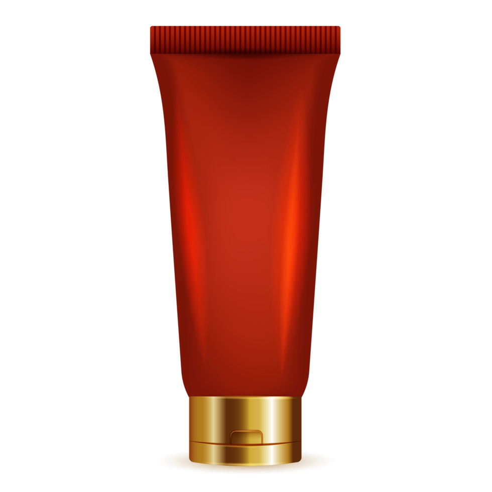 Realistic red cosmetic tube with golden cap on transparent background png