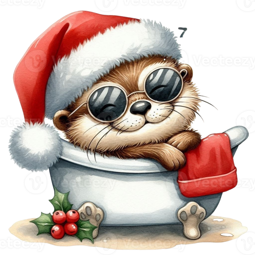 Otter in a bathtub with christmas hat and sunglasses png
