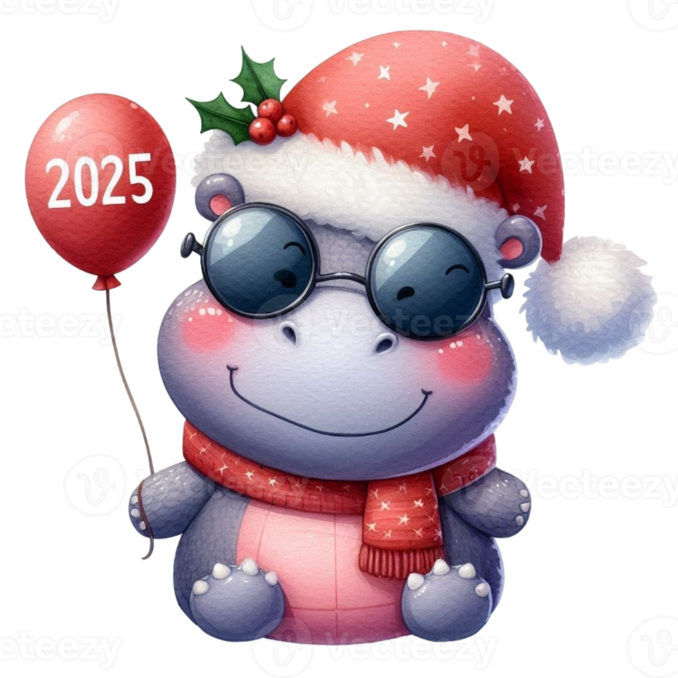 ein süß Nilpferd tragen ein Santa Hut und Brille halten ein Ballon png