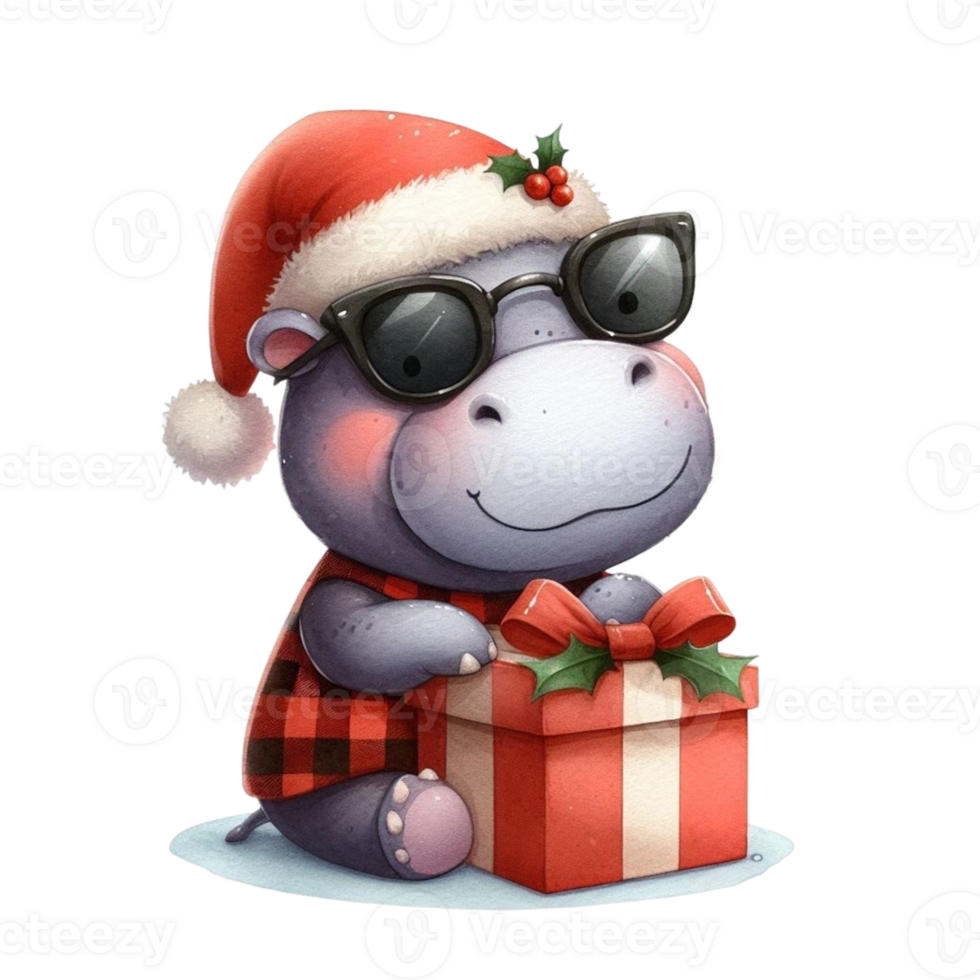 A cartoon hippo wearing sunglasses and holding a christmas gift png