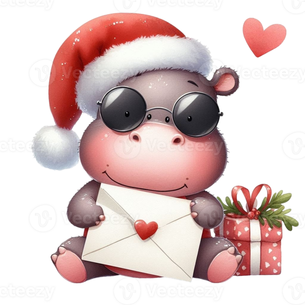 A cute hippo with sunglasses and a santa hat holding an envelope png