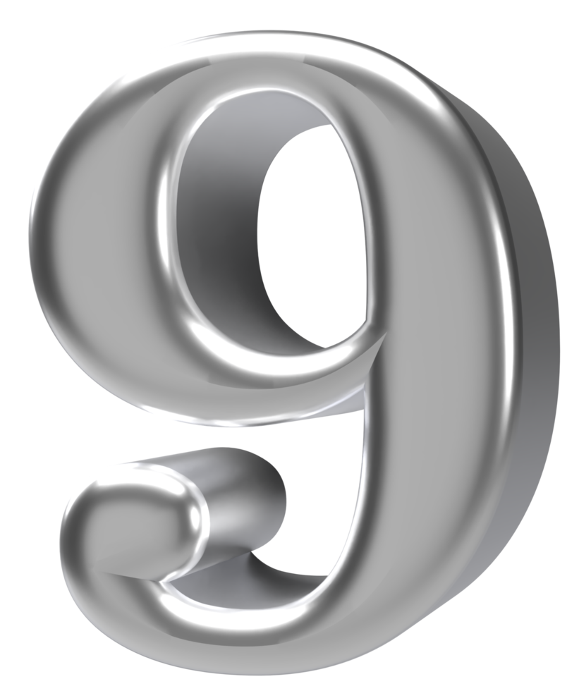 3d rendering silver chrome number 9 png