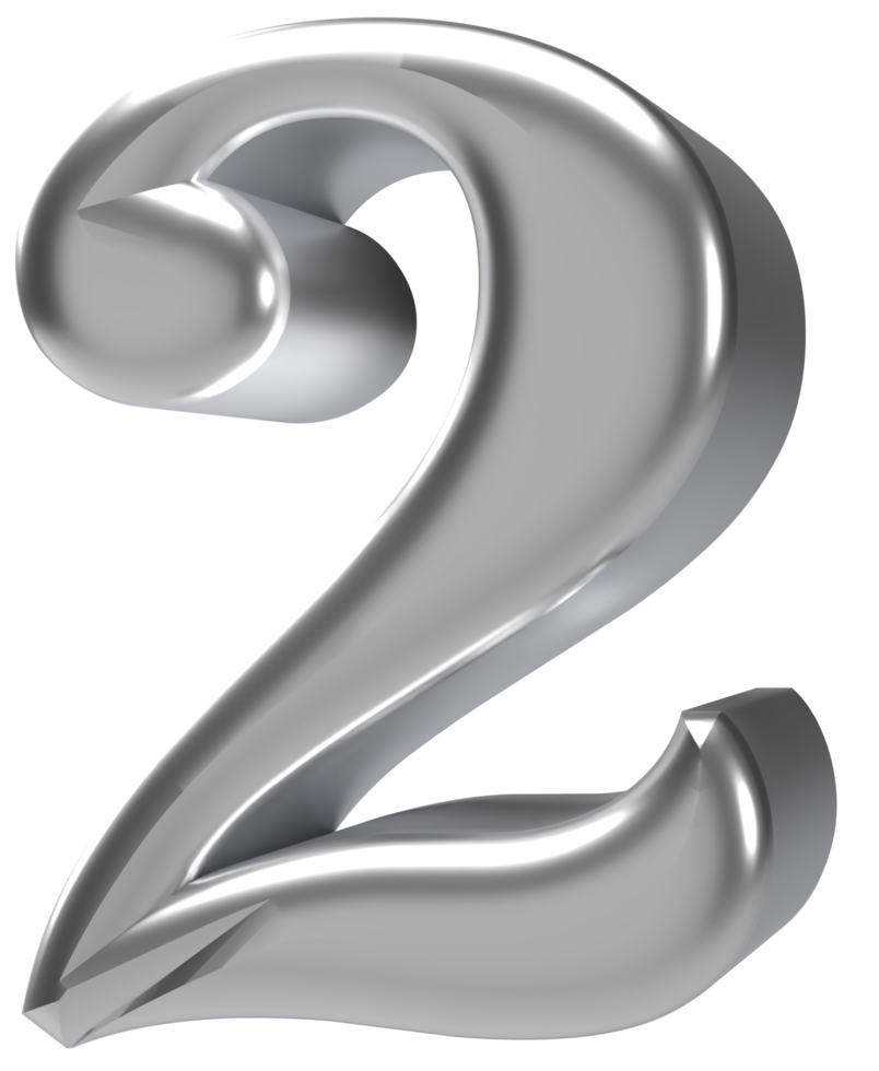 3d rendering silver chrome number 2 png