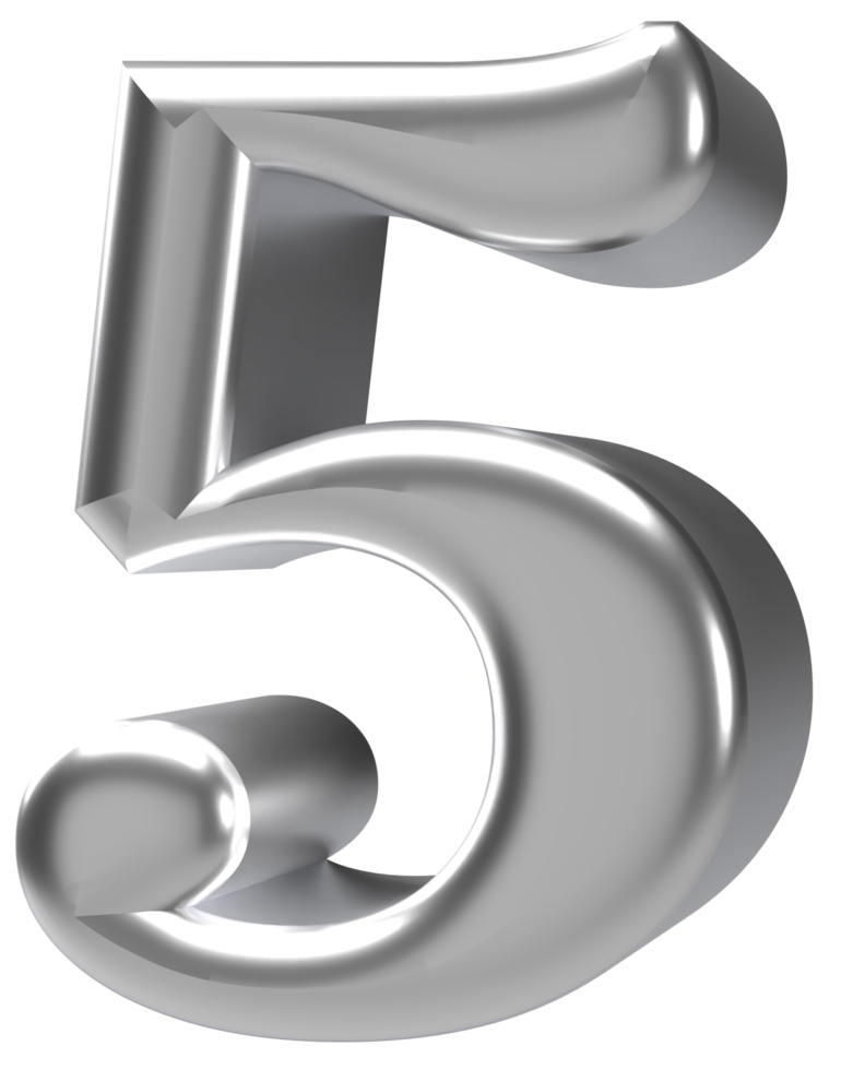 3d rendering silver chrome number 5 png