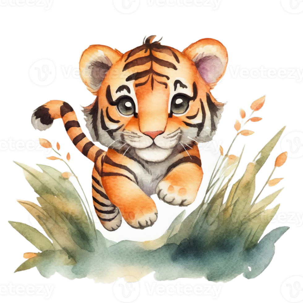 A watercolor tiger is running through the grass png