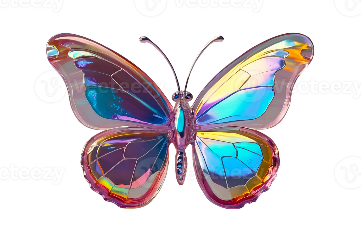 3D chrome element in Y2K style, isolated background, liquid holographic metal. A butterfly with a rainbow colored body and wings. png