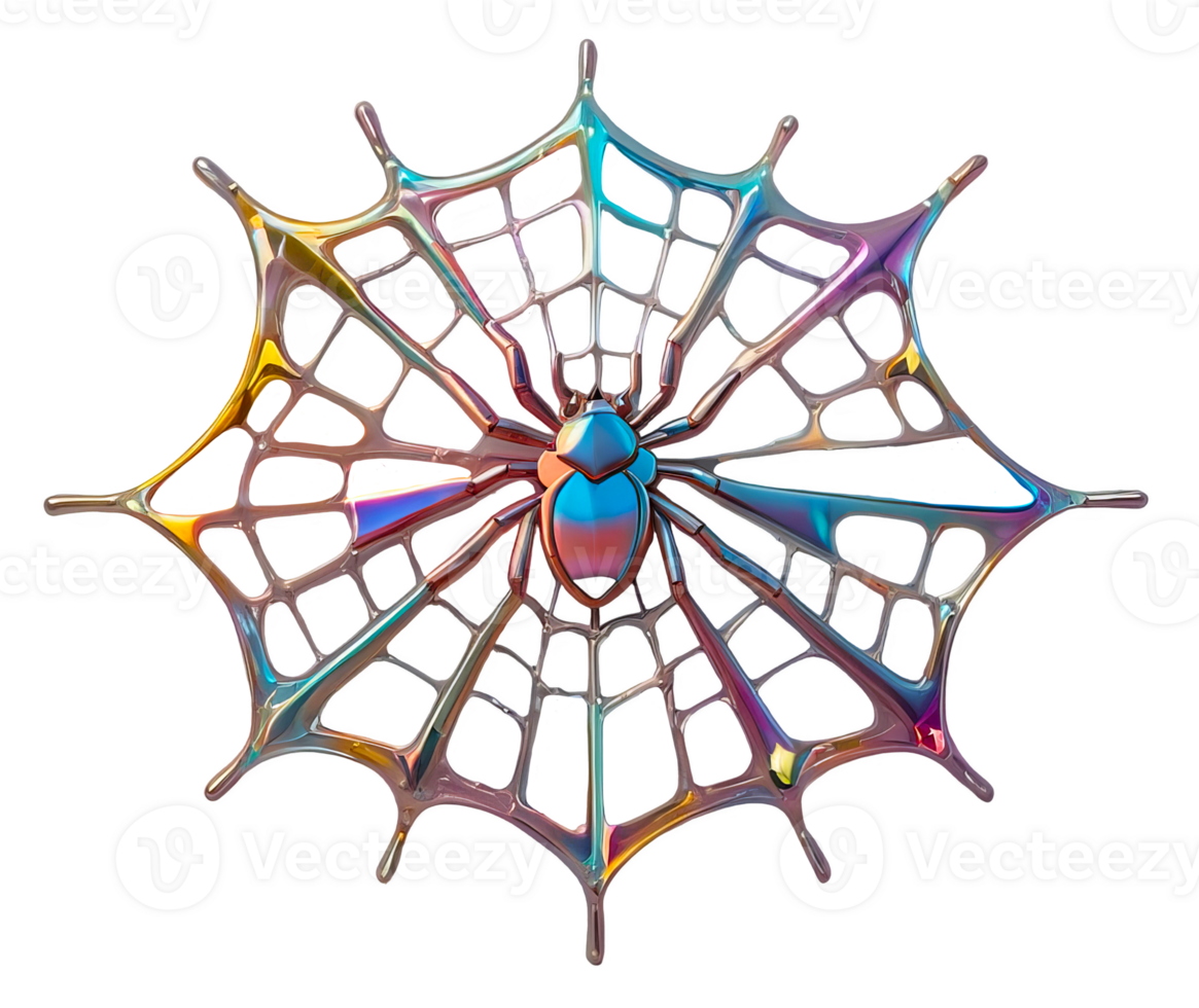 3D chrome element in Y2K style, isolated background, liquid holographic metal. A colorful spider web with a spider in the center, rainbow colors. png