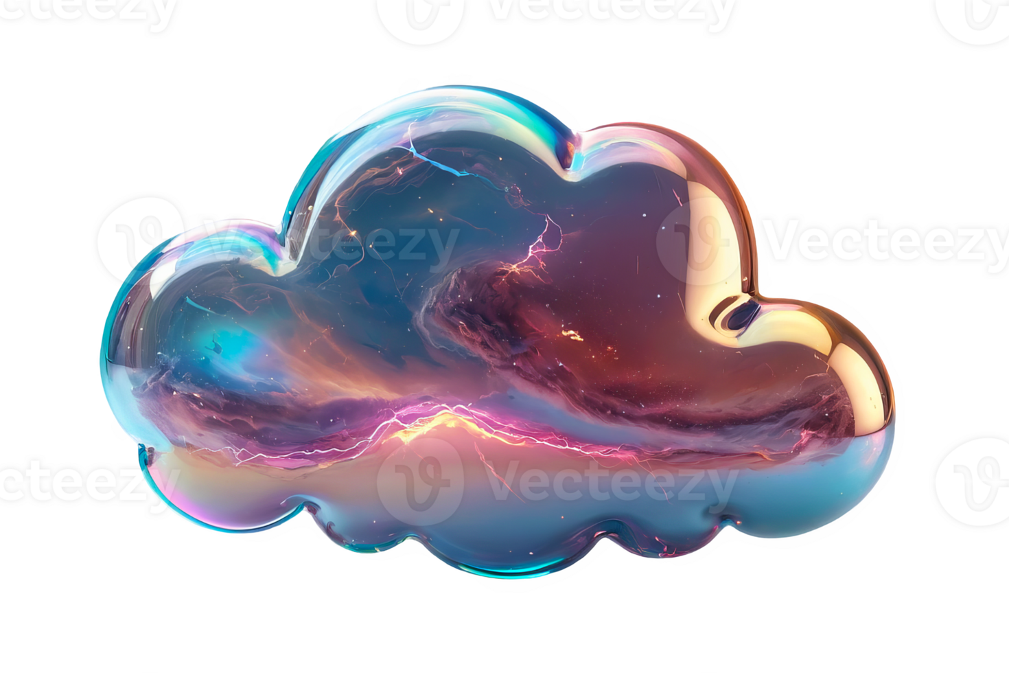 3D chrome element in Y2K style, isolated background, liquid holographic metal. Cloud icon, stars and illuminated, bright light. png