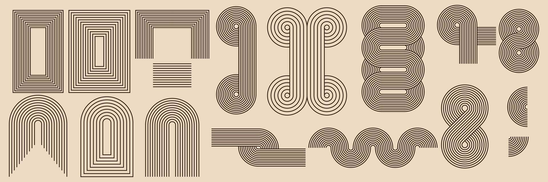 Set of geometric zen arch and abstract shapes with stripe pattern. elements in trendy bohemian style. vector
