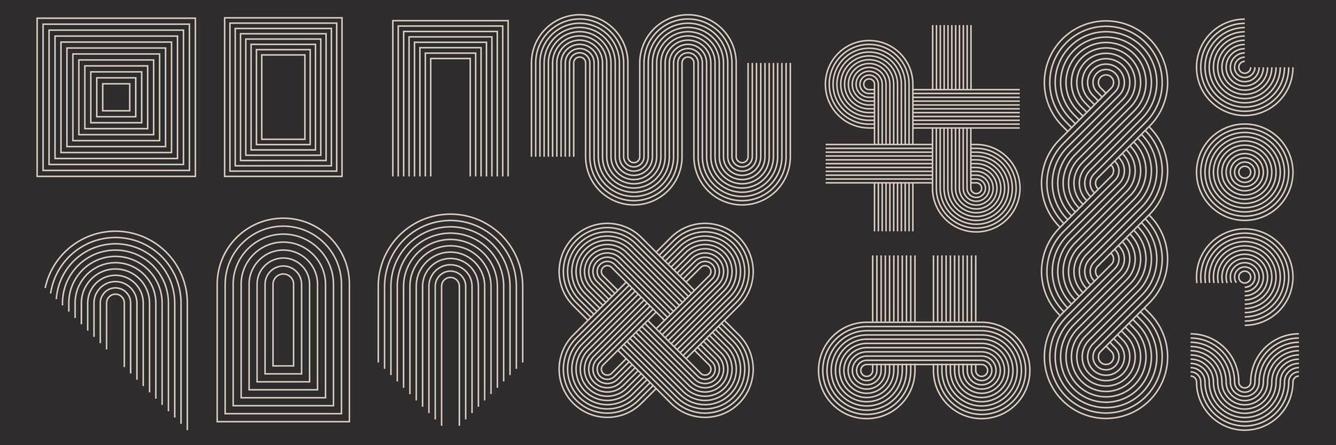 Set of abstract geometric shapes and zen arch with stripe pattern. illustration in trendy bohemian style. vector