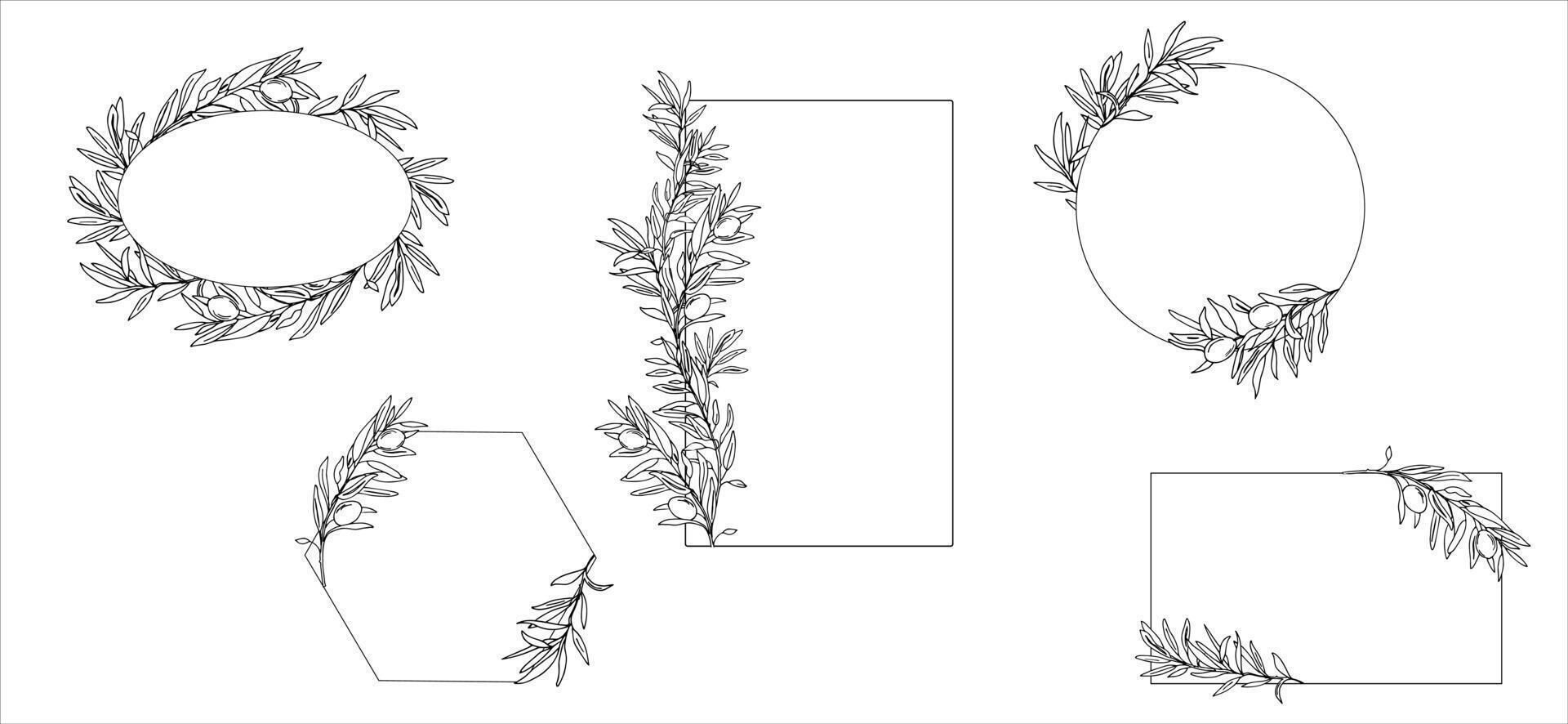 Set of Olive Frames and Wreaths with Olive Branches isolated. Hand drawn Black and white Illustration for Wedding stationery, Invitations, Save the date, greeting cards and logos vector