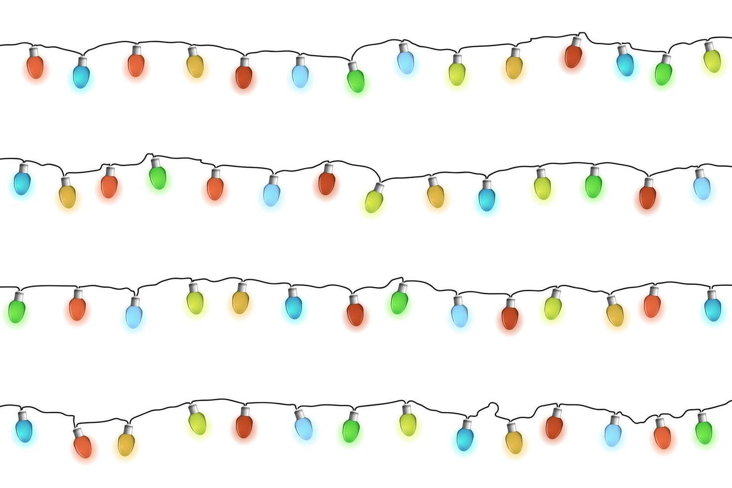 Glowing multicolor Christmas garlands. Lights bulbs on white background. Illustrayion of New Year decorations. vector