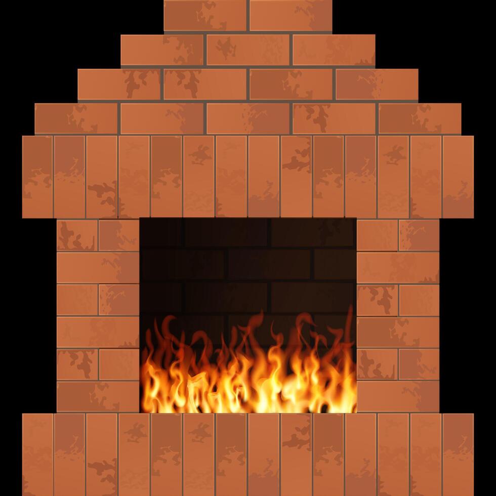 Fireplace with flame. Home interior illustration. Brick stonework vector