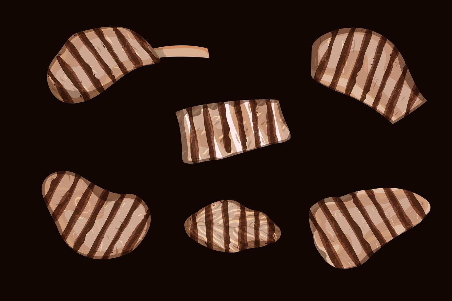 Realistic grilled meat set. Illustration on black background. vector