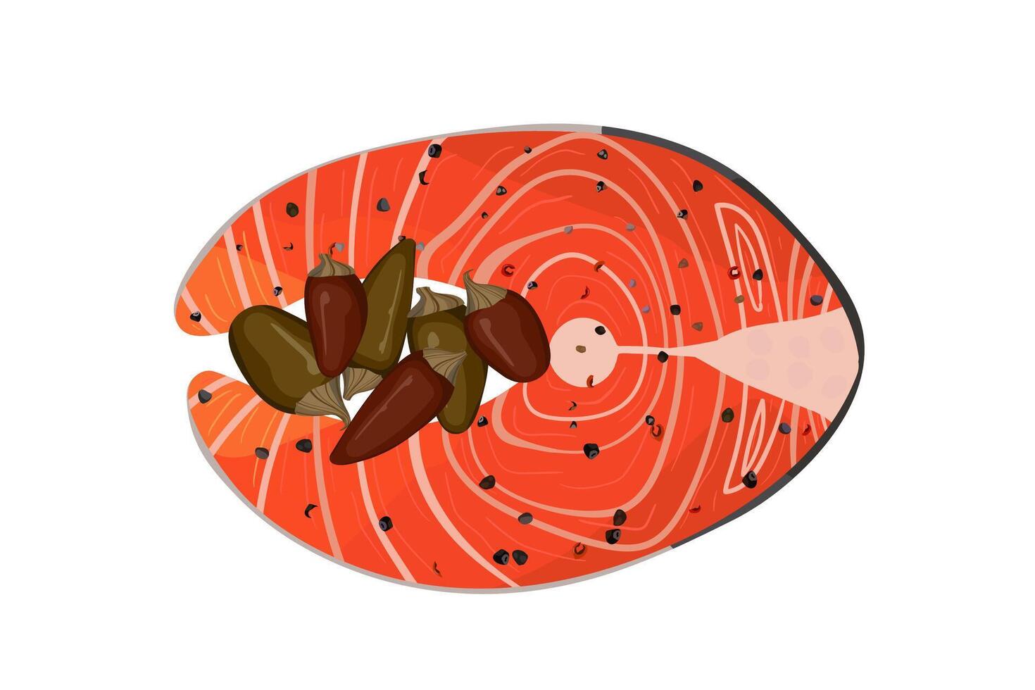 Salmon filet steak with peppers. Illustration of Seafood fish. Healthy diet. vector